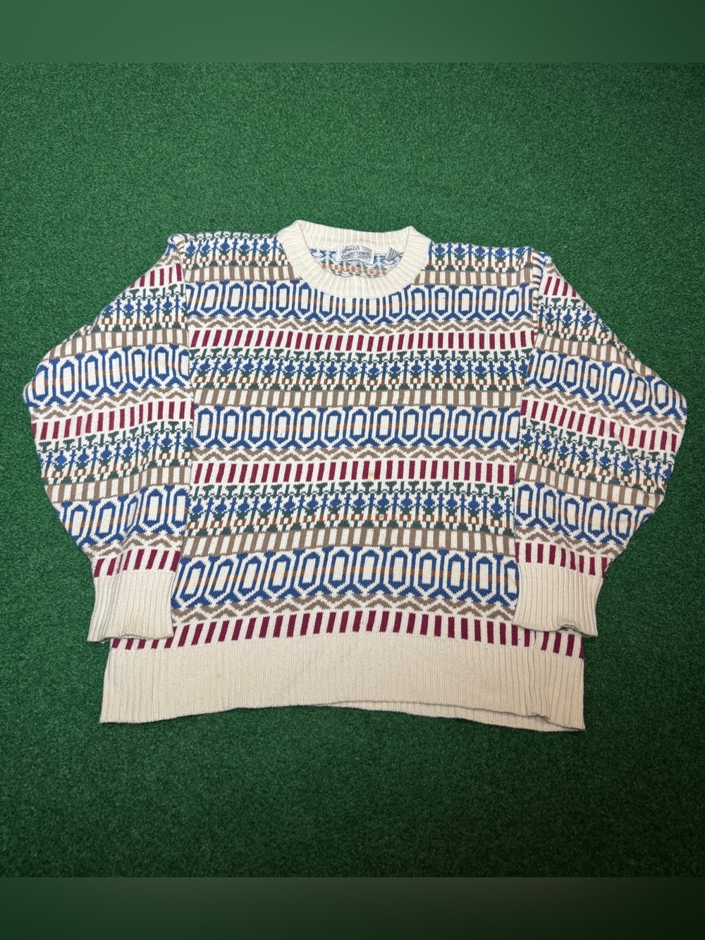 Sears Roebuck Vintage Knit Sweater Medium 80s 90s Geometric Cotton Crewneck